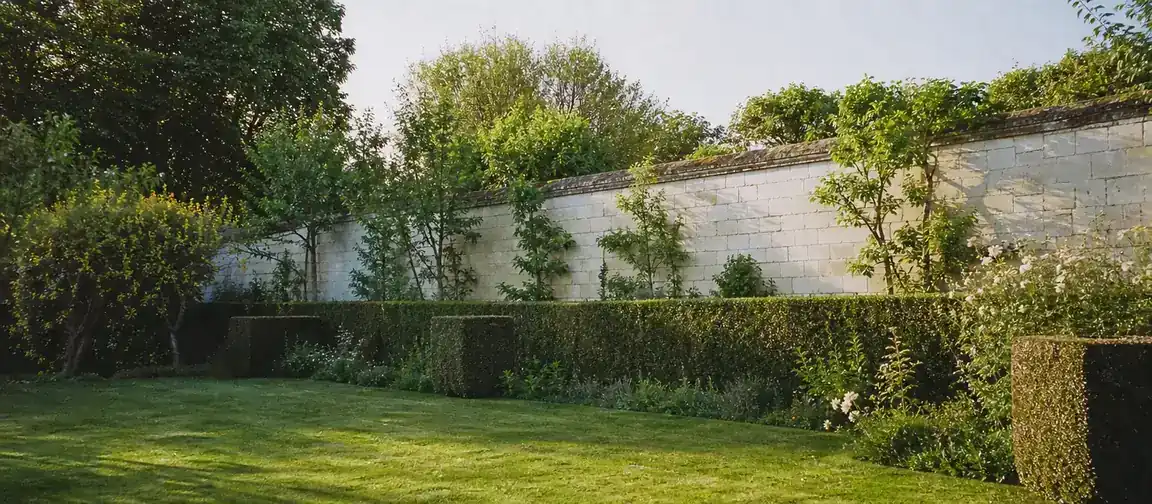 Jardin tourangeau tenu en fin de journée, pelouse tondue au premier plan