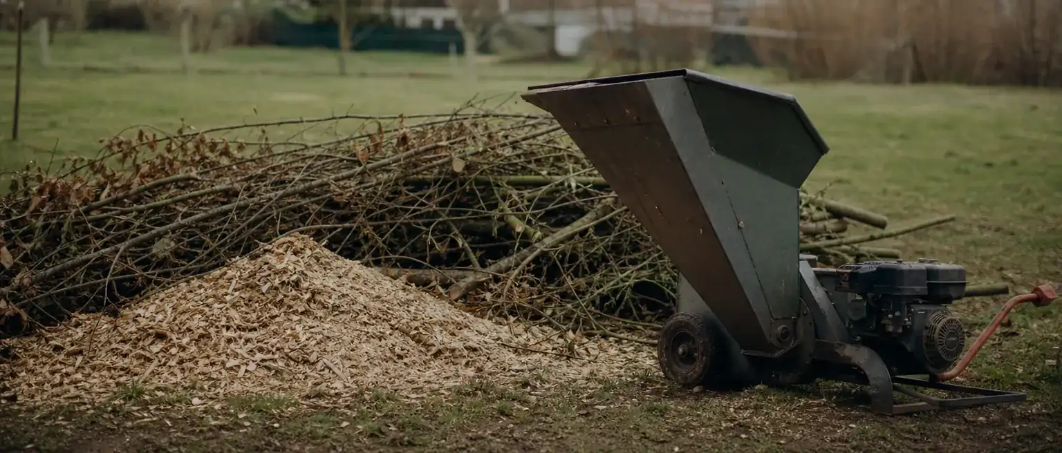 Broyeur de végétaux au repos à côté d’un tas de copeaux clairs et de branches empilées, jardin en arrière-plan flou