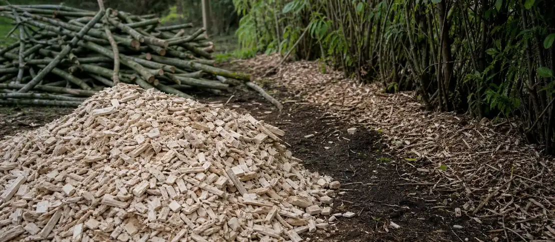 Tas de copeaux de broyage clairs en premier plan avec branches empilées derrière, paillage étalé au pied d’une haie