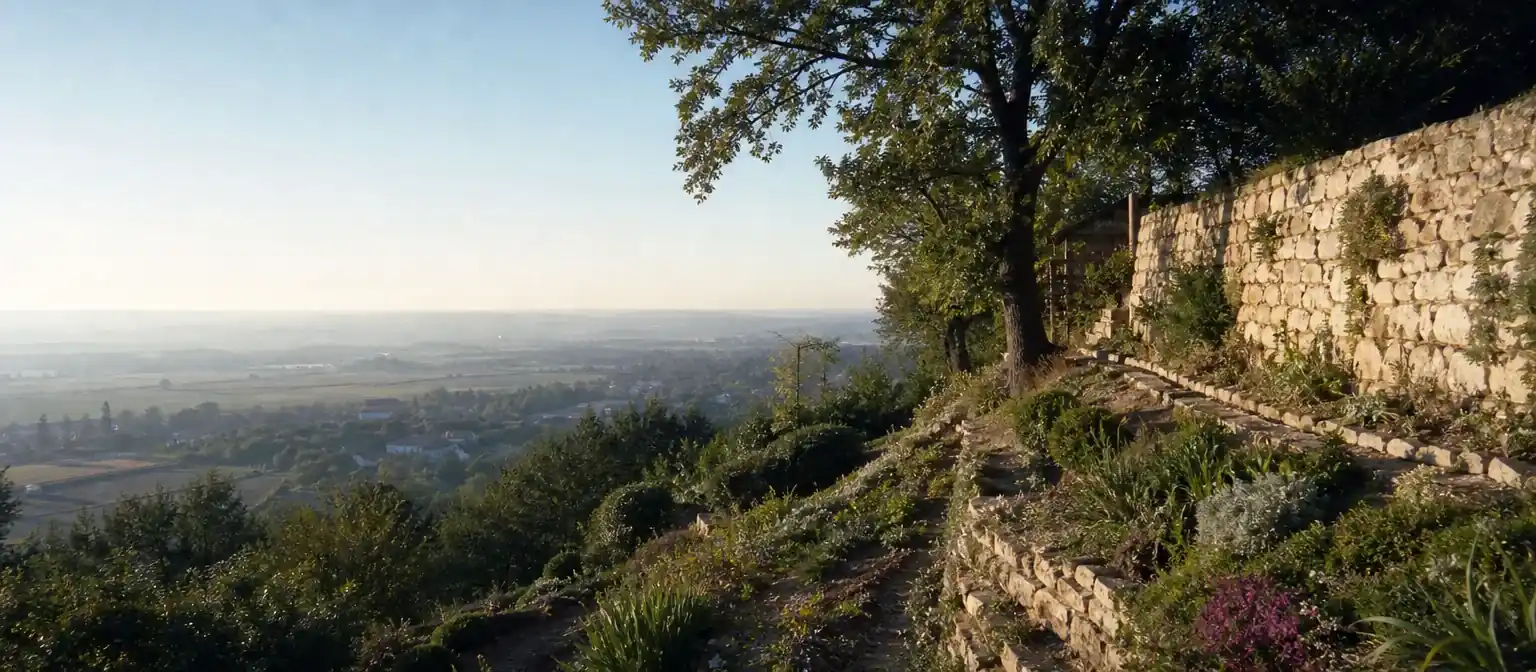 Jardin en pente sur le coteau de Luynes, terrasses successives et mur de soutènement en pierre calcaire