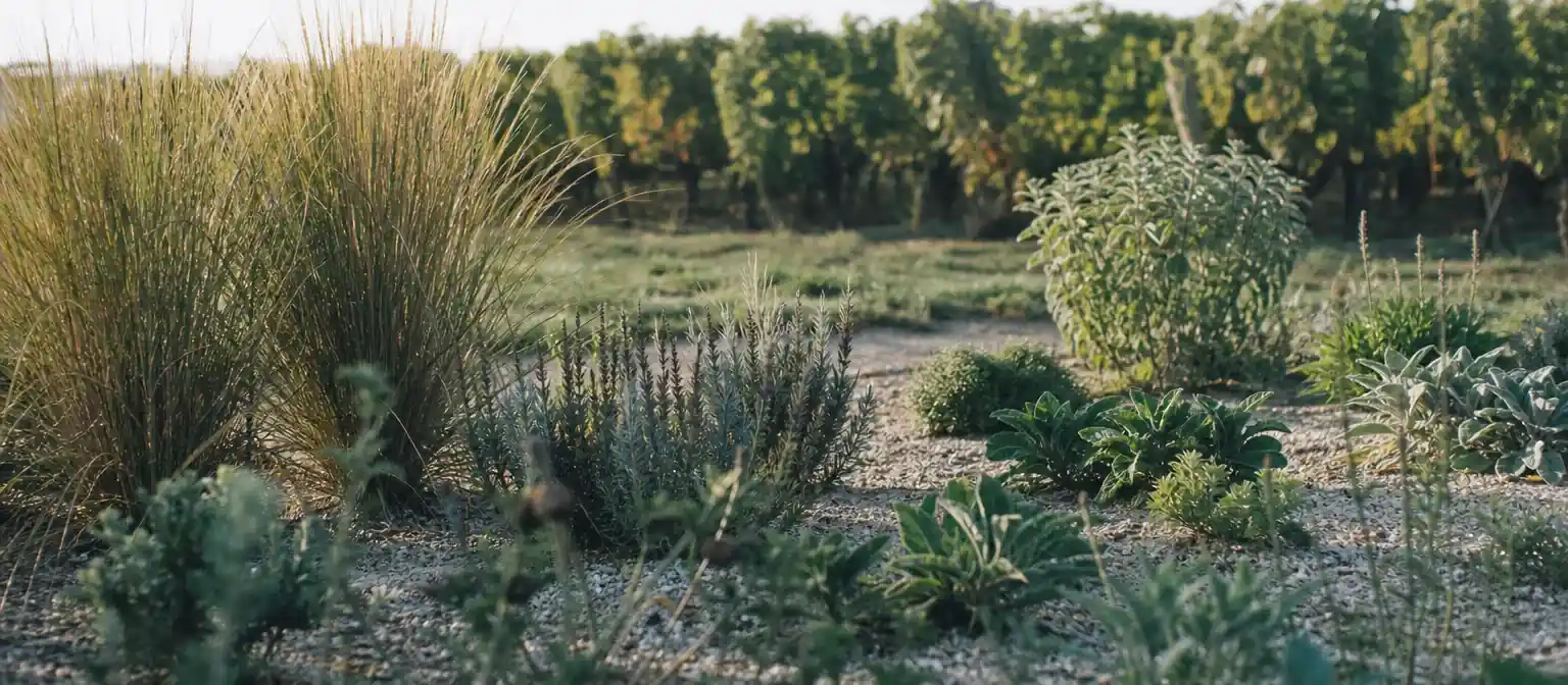 Jardin de plateau à Montlouis avec sol clair caillouteux visible entre des plantations basses, ligne de vigne au loin en arrière-plan flou