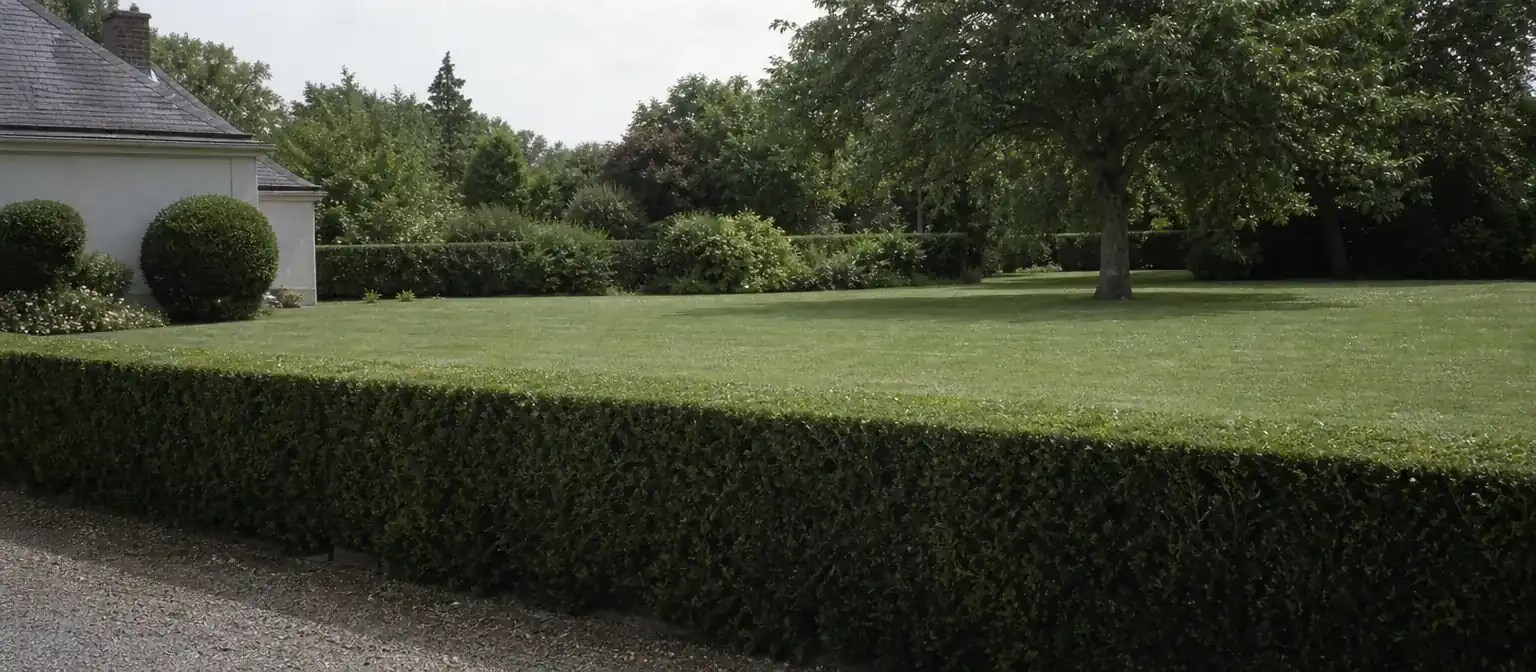 Jardin résidentiel soigné à Fondettes, haie taillée au cordeau en premier plan et pelouse rase derrière
