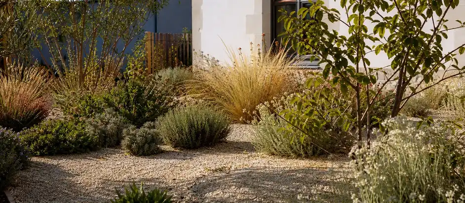 Jardin sur sol sableux clair à Bléré, plantations basses espacées et paillage minéral