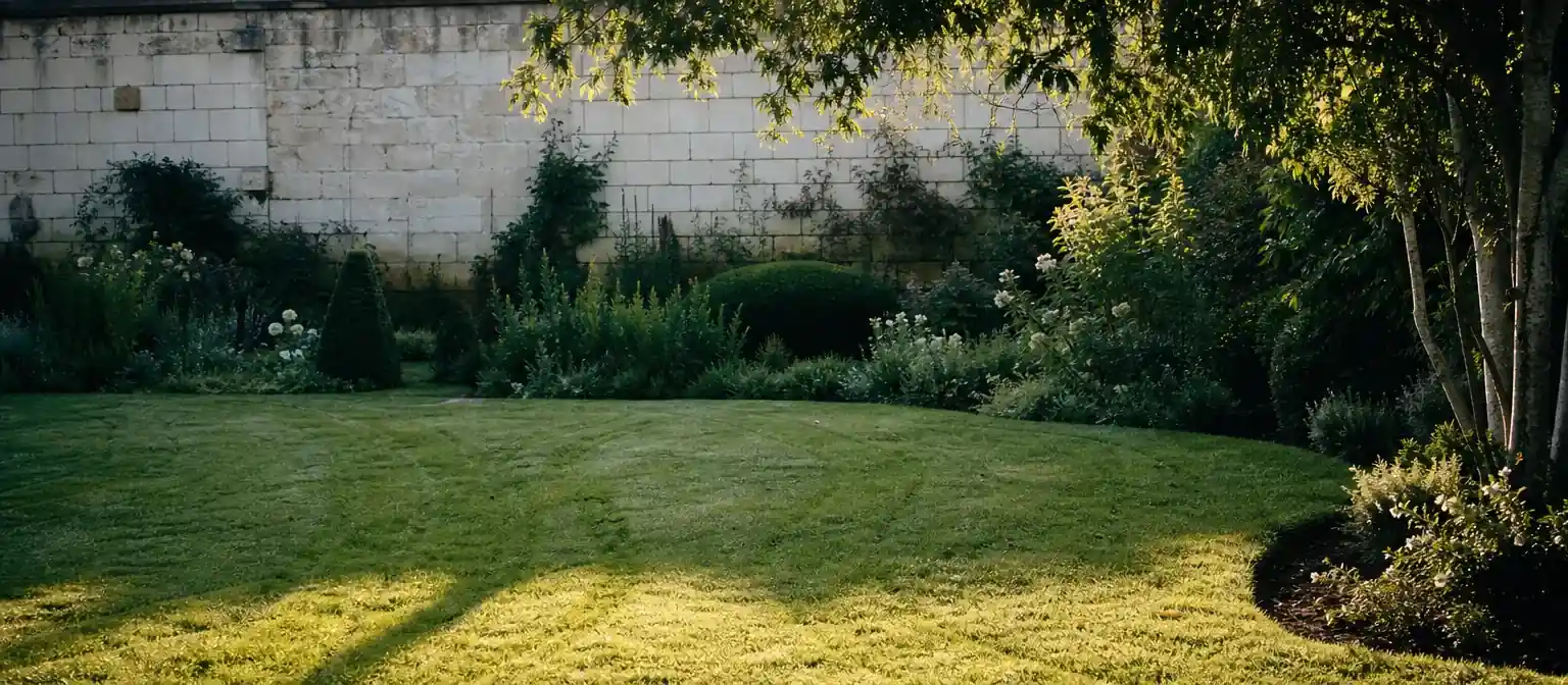 Jardin de ville tourangeau tenu, pelouse fraîchement tondue avec traces de passage