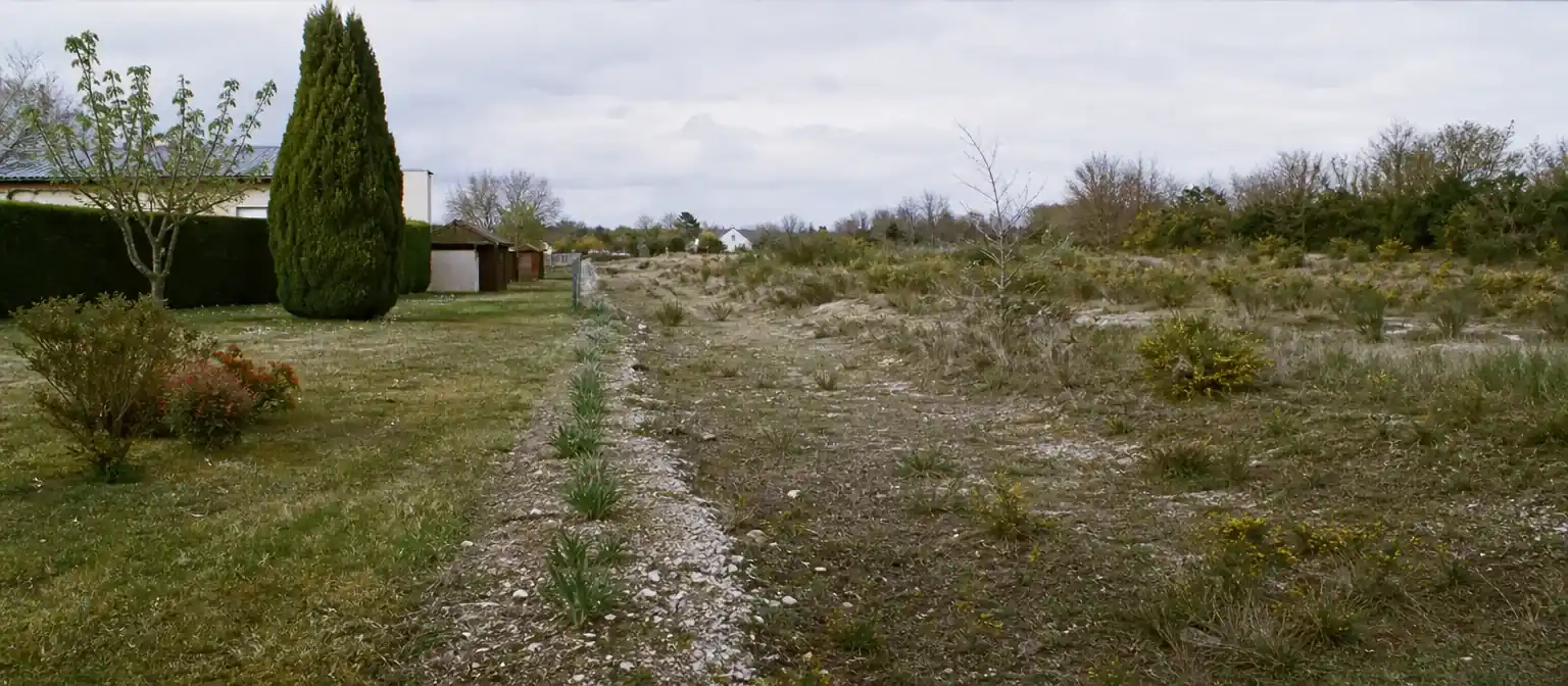 Lisière entre un terrain de jardin entretenu et une lande basse à Esvres, sol clair caillouteux visible