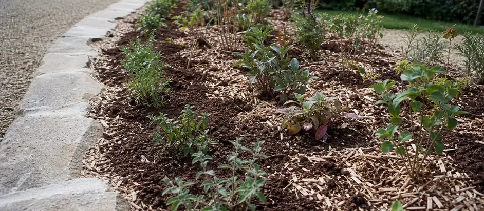 Massif fraîchement planté en gros plan avec jeunes vivaces espacées, terre travaillée sombre et paillage de copeaux clairs