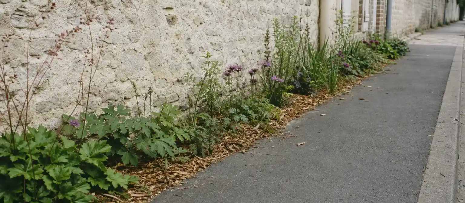Pied de façade végétalisé en bande étroite le long d’un mur de bourg, vivaces basses et sol paillé