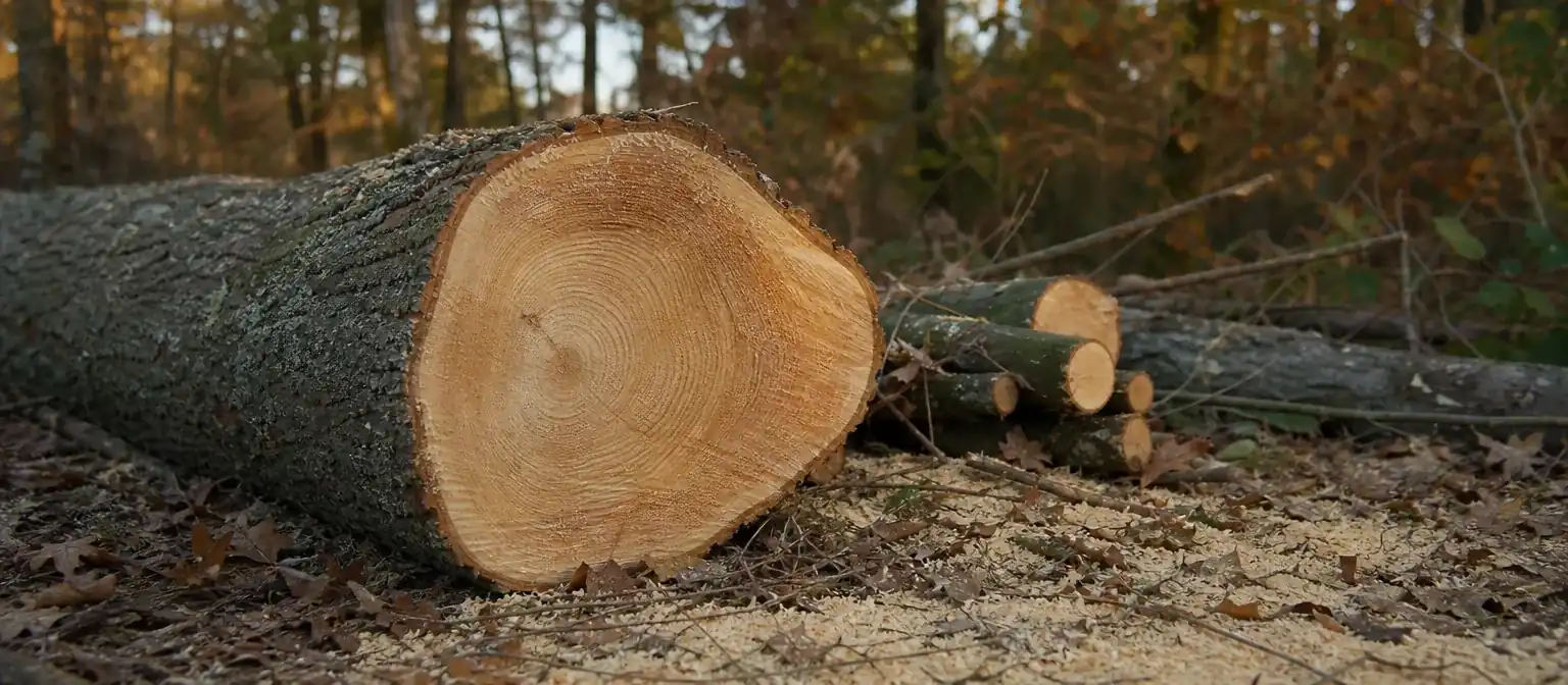 Tronc d’arbre fraîchement coupé en gros plan avec cernes visibles et sciure claire, branches empilées derrière